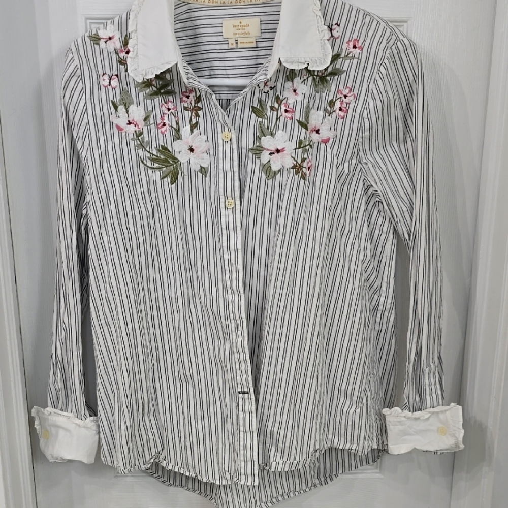 Kaye Spade Striped Floral Embroidered Shirt.